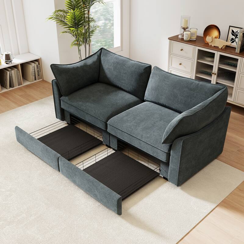 Chenille Upholstered Loveseat with Pull-Out Storage Drawer - Grey
