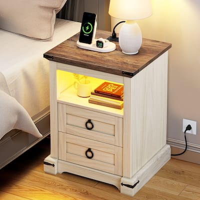 Moasis 2-Drawer LED Nightstand with Charging Station, End Side Table with Open Storage Shelf
