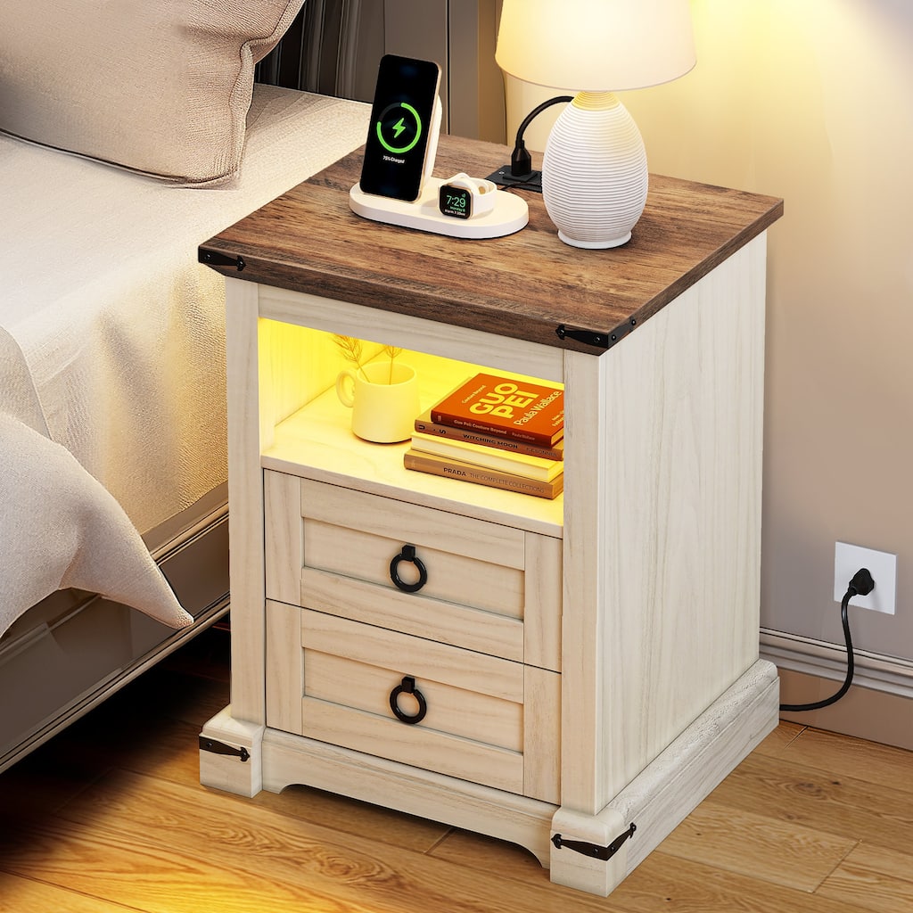 Moasis 2-Drawer LED Nightstand with Charging Station, End Side Table with Open Storage Shelf