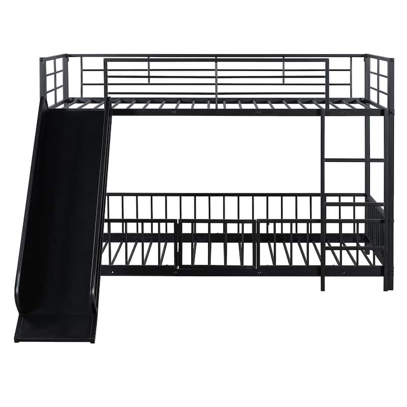 Twin over Twin Metal Bunk Bed with Slide, Guardrails, and Convertible Loft Design, Black