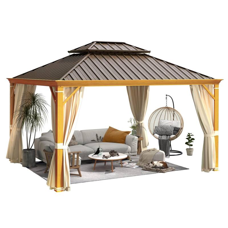 EROMMY Hardtop Patio Gazebo with Double Roof and Privacy Curtains, 12x16 FT Permanent Outdoor Metal Gazebo for Backyard, Deck