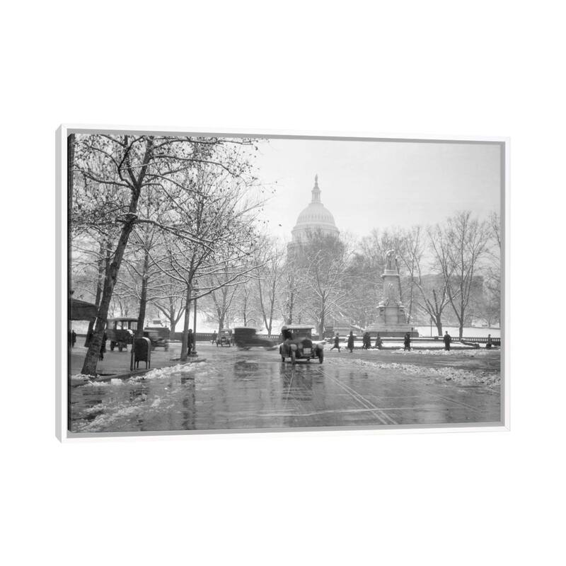 iCanvas "1920s-1930s The Capitol Building And Old Car Traffic In Winter Washington Dc USA" by Vintage Images Framed Canvas Print - White - 18x26