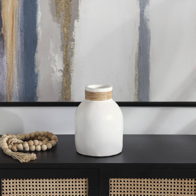 Ceramic Decorative Vase with Wrapped Rattan Detailing - White - Roche River Decor