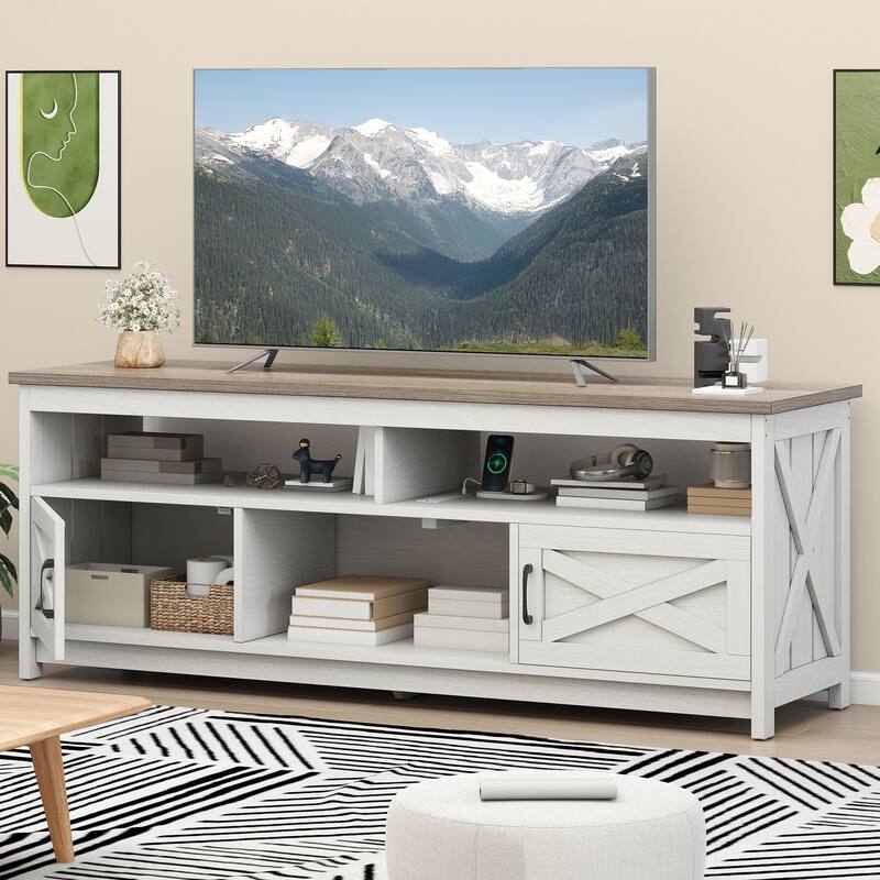 Moasis Farmhouse TV Stand for up to 65" TV with Doors and Open Shelves Media Console Power Outlet