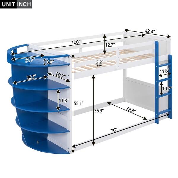 White+Blue Twin Size Pine Wood Boat-Like Shape Bunk Bed with 5-Tier Storage Shelves, Guardrails, and Built-in Ladder