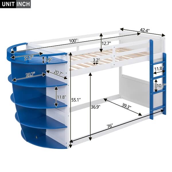 White+Blue Twin over Twin Boat-Like Shape Bunk Bed with Storage Shelves