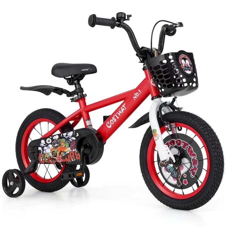 14'' Child Bike Kids Bicycle w/ Adjustable Height &Training Wheels - Red