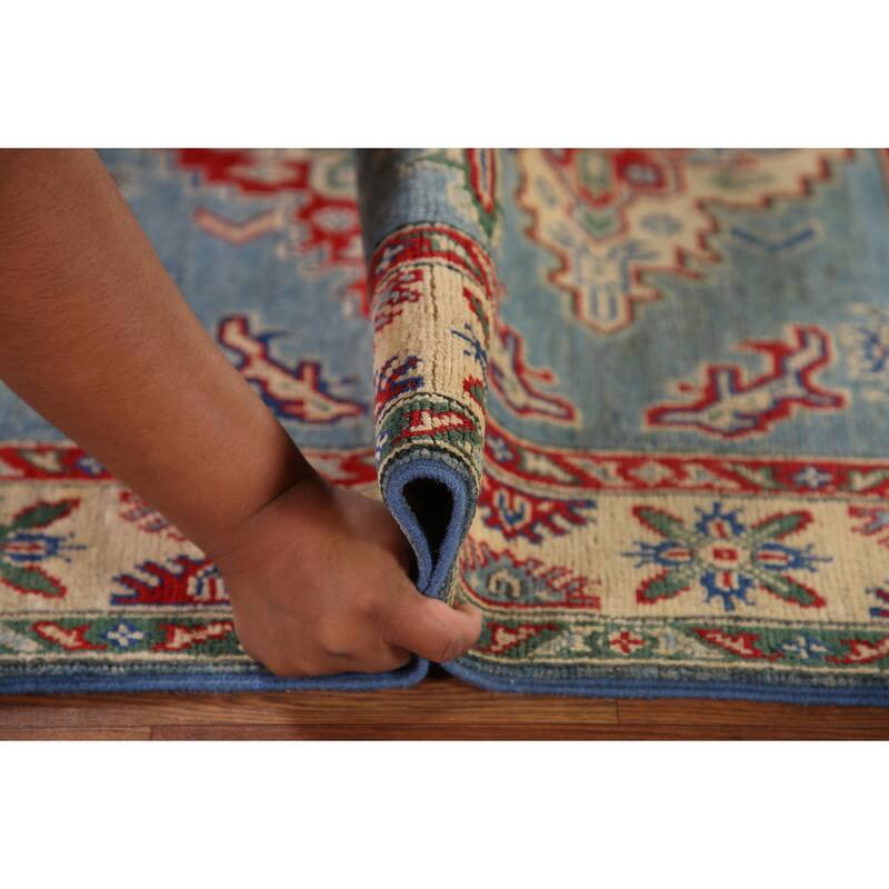 Light Blue Geometric Kazak Oriental Rug Hand-Knotted Wool Carpet - 3'4"x 4'10"