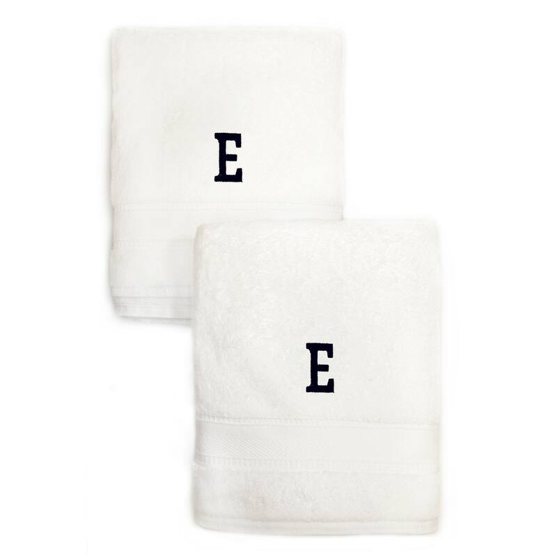 Authentic Hotel and Spa 2-piece White Turkish Cotton Hand Towels with Black Monogrammed Initial - White/E