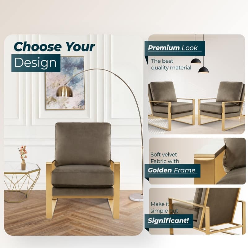 Jefferson Modern Velvet Accent Chair with Brushed Gold Frame, Removable Cushions, and Floor Protectors for Living Room or Office