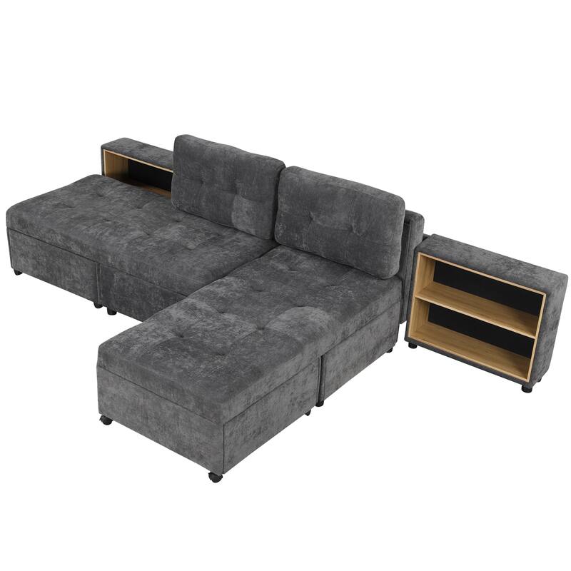 121.2" Chenille Modular Sofa Bed with Two Storage Racks, Free-Combined Design, and Smooth-Rolling Wheels