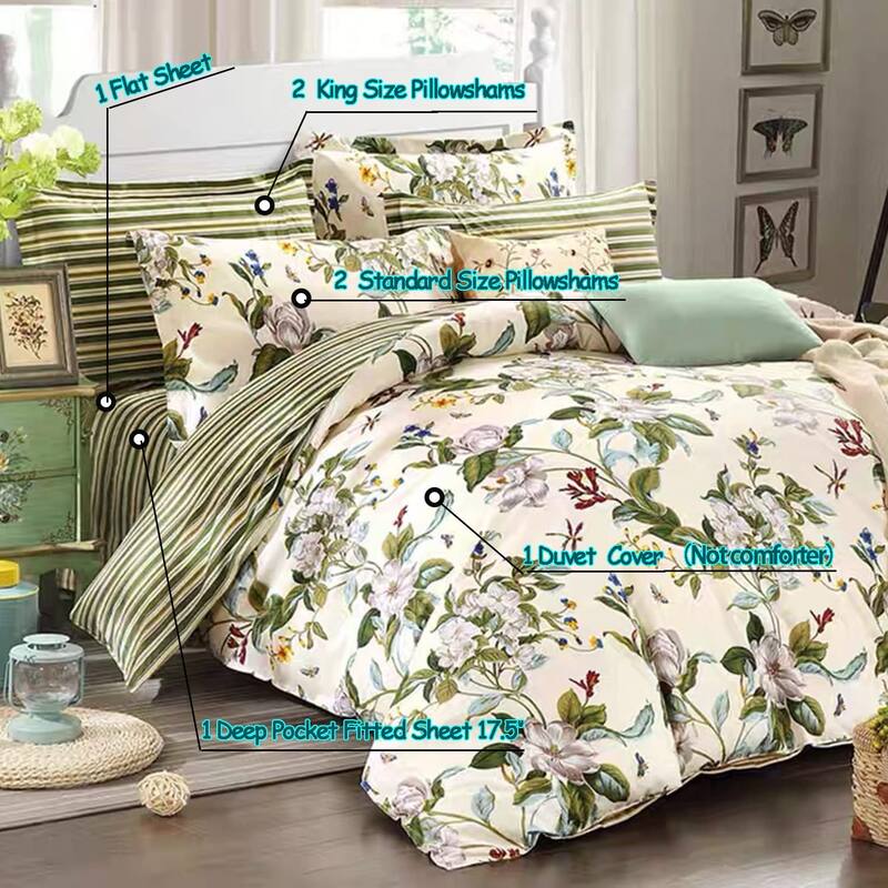 Shabby Floral Bedding Set Queen Size 7Pcs 100 Cotton Flower Bed Sheets with Duvet Cover Set
