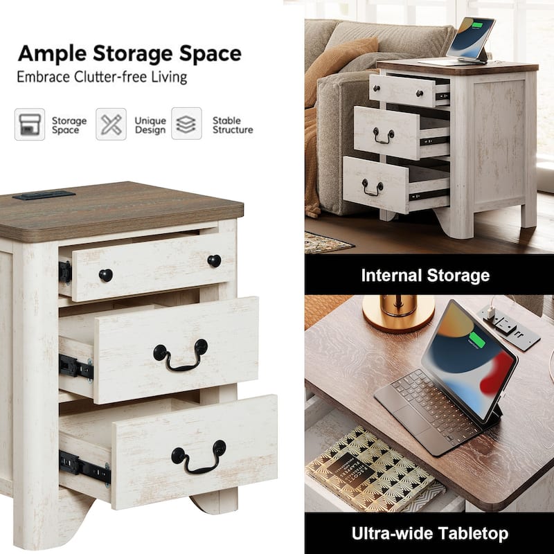 WAMPAT Farmhouse Nightstand with 3 Drawers