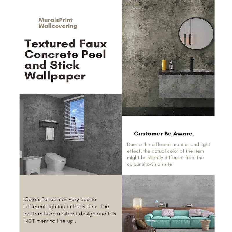 Light Grey Concrete Wall Peel and Stick Wallpaper, 24''x 10'L