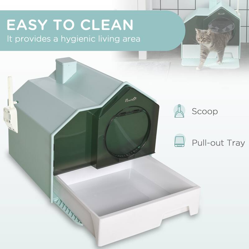 PawHut Hooded Cat Litter Box with Kitty Litter Mat, with Odor Control, Easy-Clean Pull-Out Drawer, Handle, Scoop