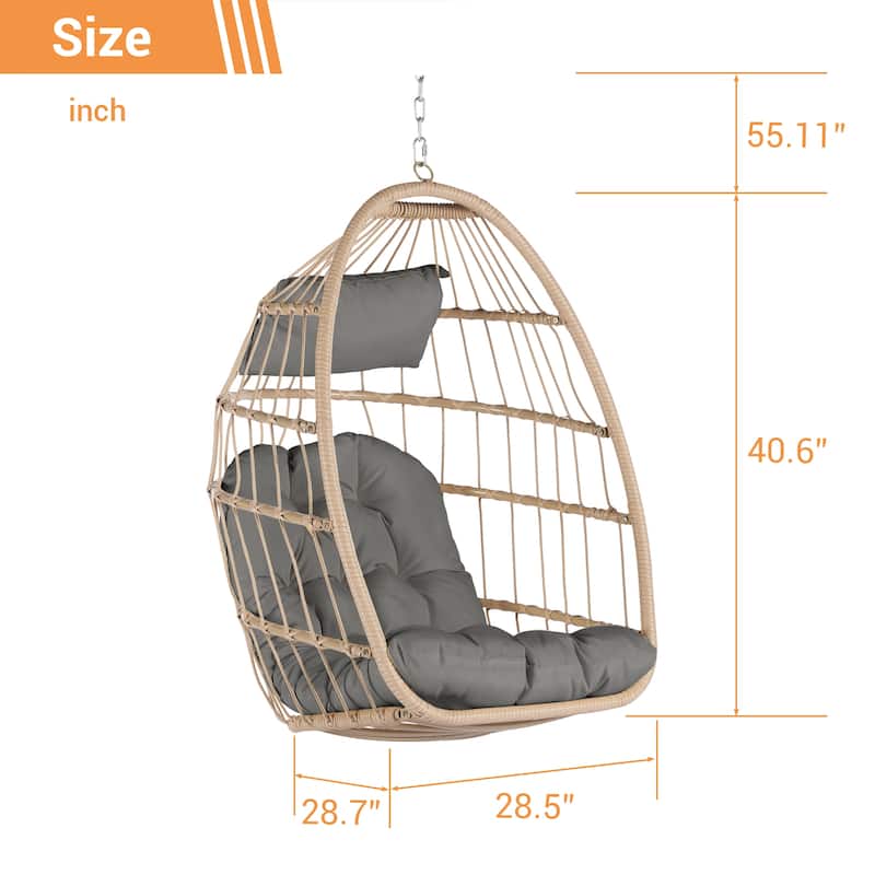 Outdoor Garden Rattan Egg Swing Chair, Hanging Chair Wood with Waterproof Cushions, Galvanized Steel Frame for Patio, Garden