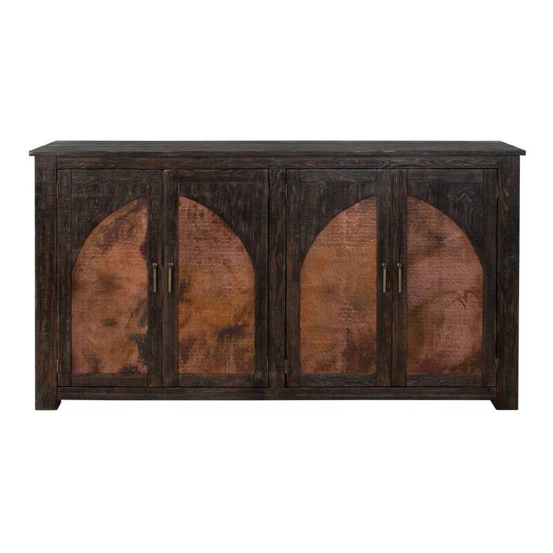 Brun 70 Inch Sideboard Console, 4 Copper Doors, Pine Wood Frame, Deep Brown