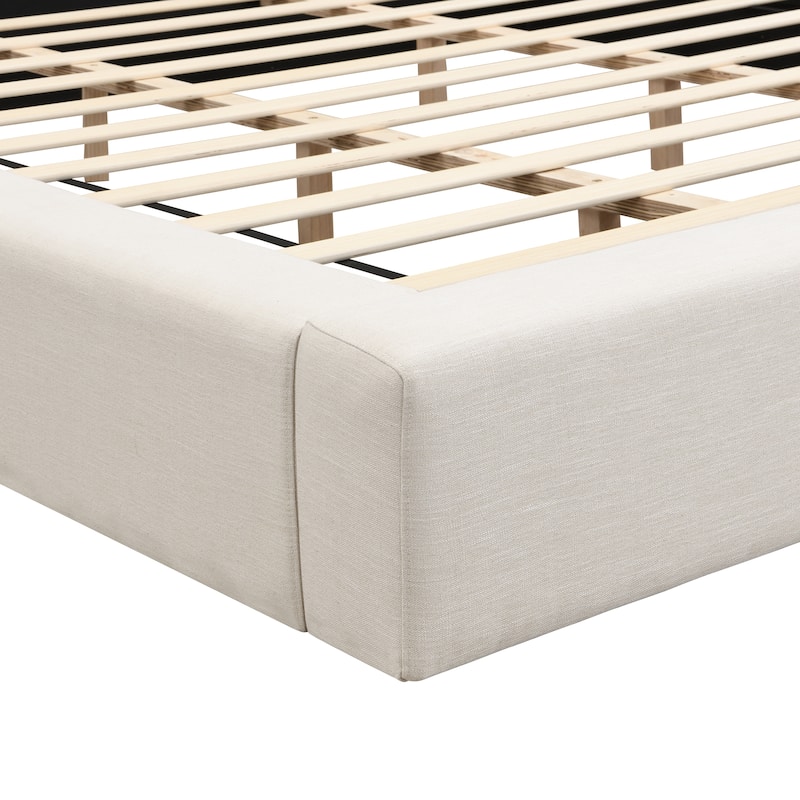 King Size Bed Frame with Thick 8" Headboard/Upholstered Platform Bed Frame/Solid Wood Support Slats/No Box Spring Needed/Beige