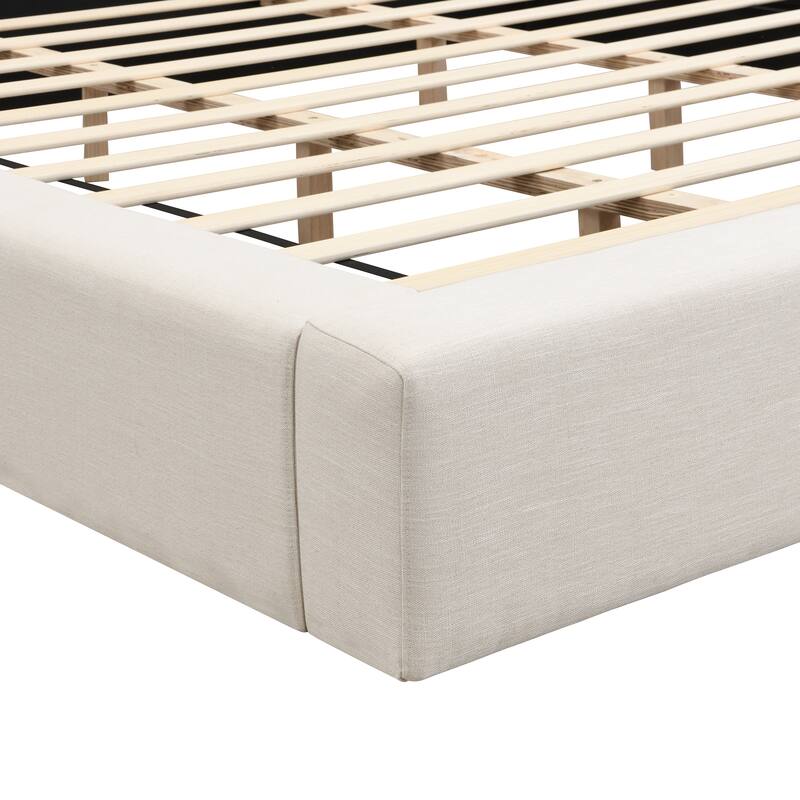King Size Low Profile Bed with Linen Thick Headboard and Footboard, Beige Linen Fabric Upholstered Platform Bed