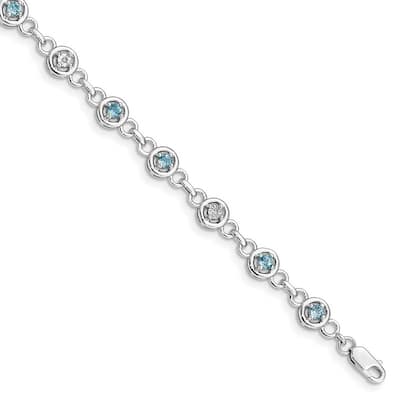 Curata 925 Sterling Silver Polished Lobster Claw Closure Blue Topaz and Diamond Bracelet