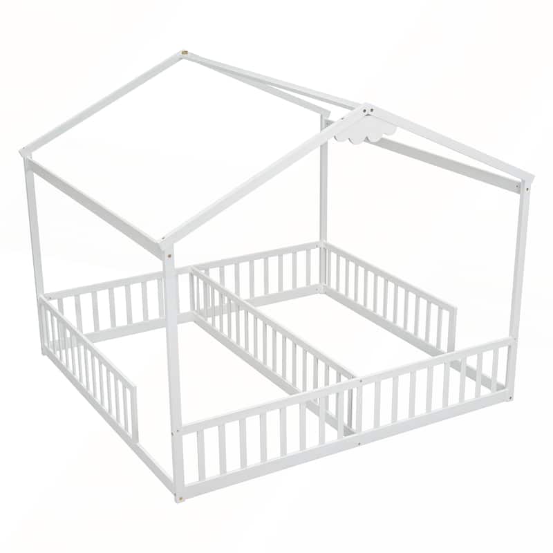 Double Twin House-Style Floor Bed with Fence