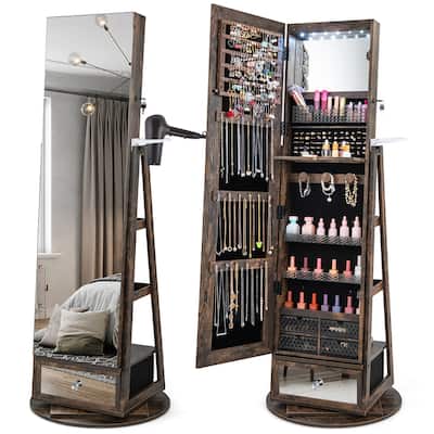 Gymax Swivel Jewelry Cabinet Full Length Mirror w/Built-in Lights