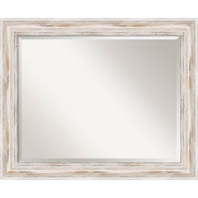 Beveled Wood Bathroom Wall Mirror - Alexandria White Wash Frame - Outer Size: 33 x 27 in