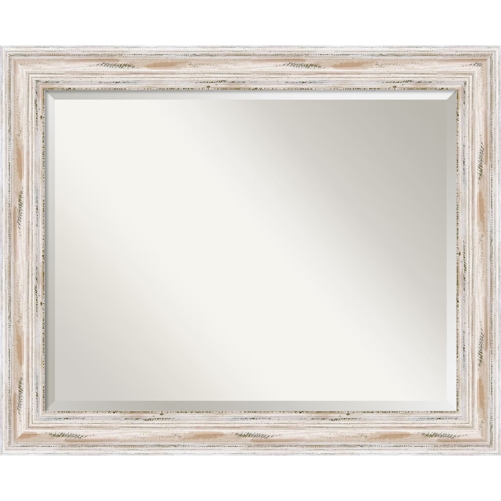 Beveled Wood Bathroom Wall Mirror - Alexandria White Wash Frame - Outer Size: 33 x 27 in