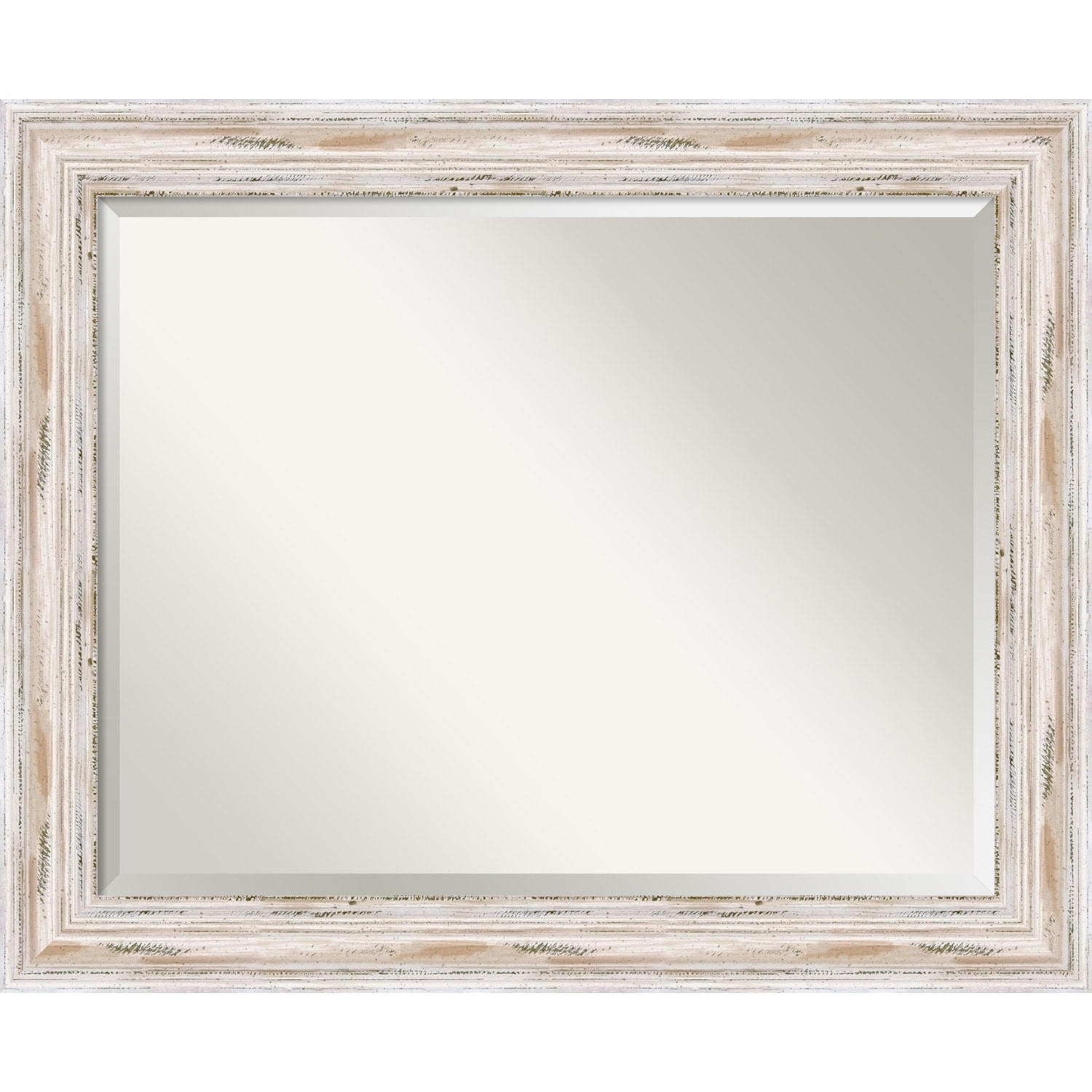 Beveled Wood Bathroom Wall Mirror - Alexandria White Wash Frame - Outer Size: 33 x 27 in