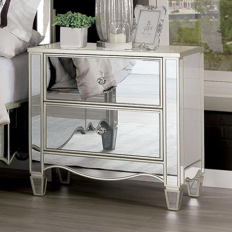 2 Drawers Night Stand with Mirror Panels Design in Silver