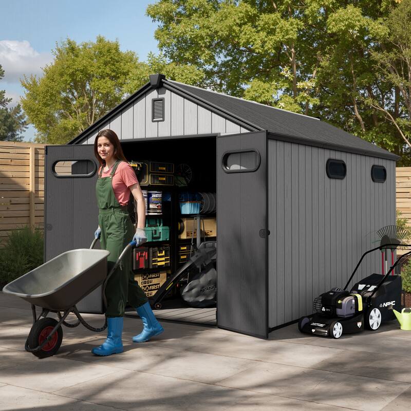 8' x 8' / 8' x 10'/ 8' x 12' Outdoor Storage Shed with Lockable Double Doors for Garden, Backyard, Patio - 8' x 12' - Light Grey