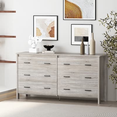 Roomfitters 6-Drawer Wide Dresser, Modern Wood Storage Chest with Metal Handles, Bedroom Accent Organizer, Oak
