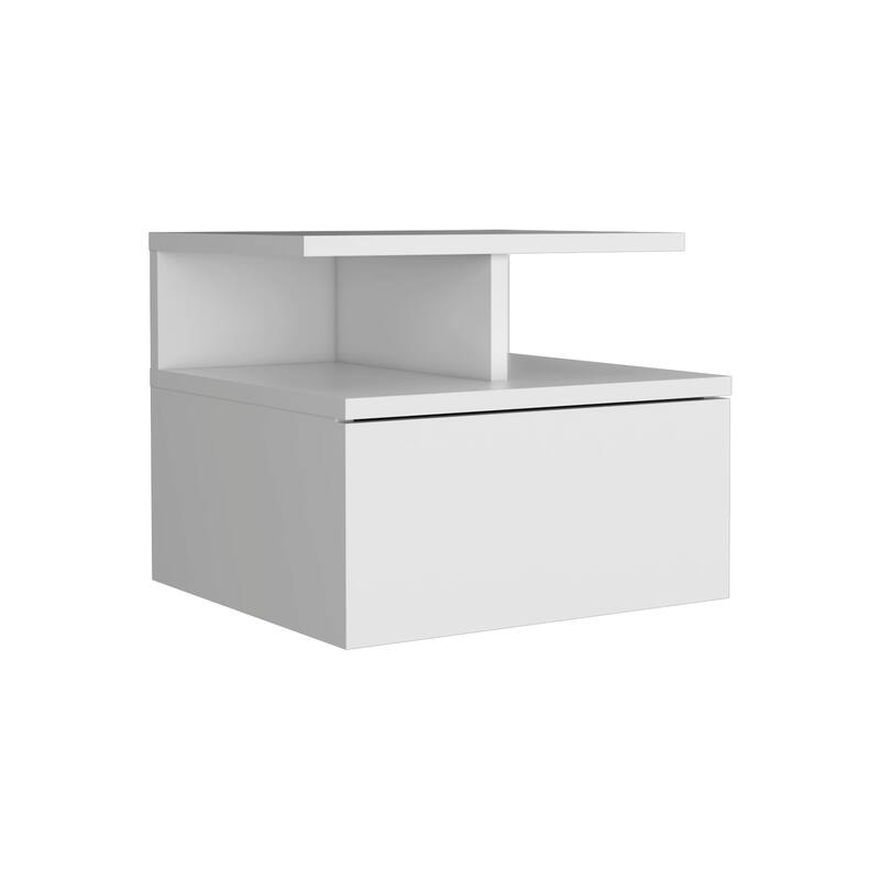 Wall-Mounted Nightstand with Drawer and 2-Tier Shelf, White