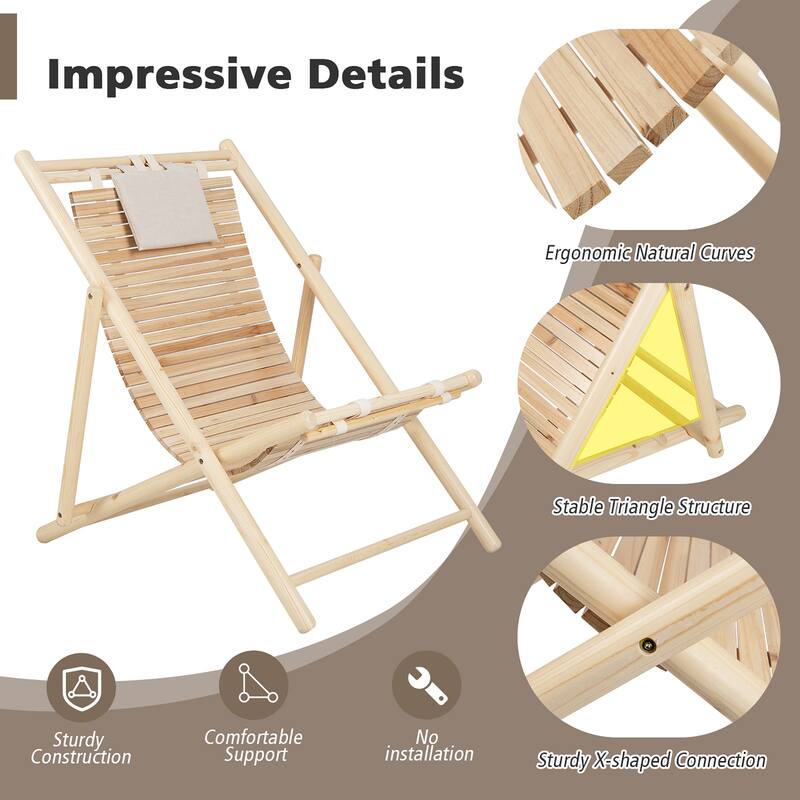 Patio Outdoor Adjustable Folding Wood Sling Chair Reclining Lounge