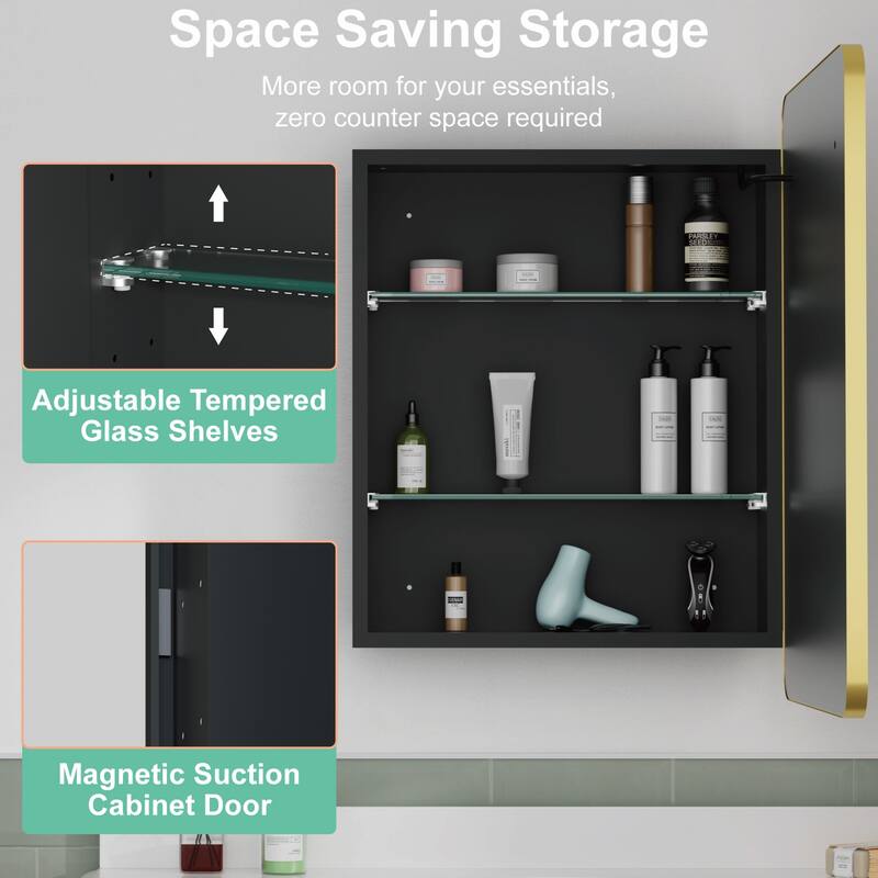 Milo LED Iron Medicine Cabinet with Mirror, Dimmable, Anti-fog, Adjustable Glass Shelves, Recessed or Surface Mount