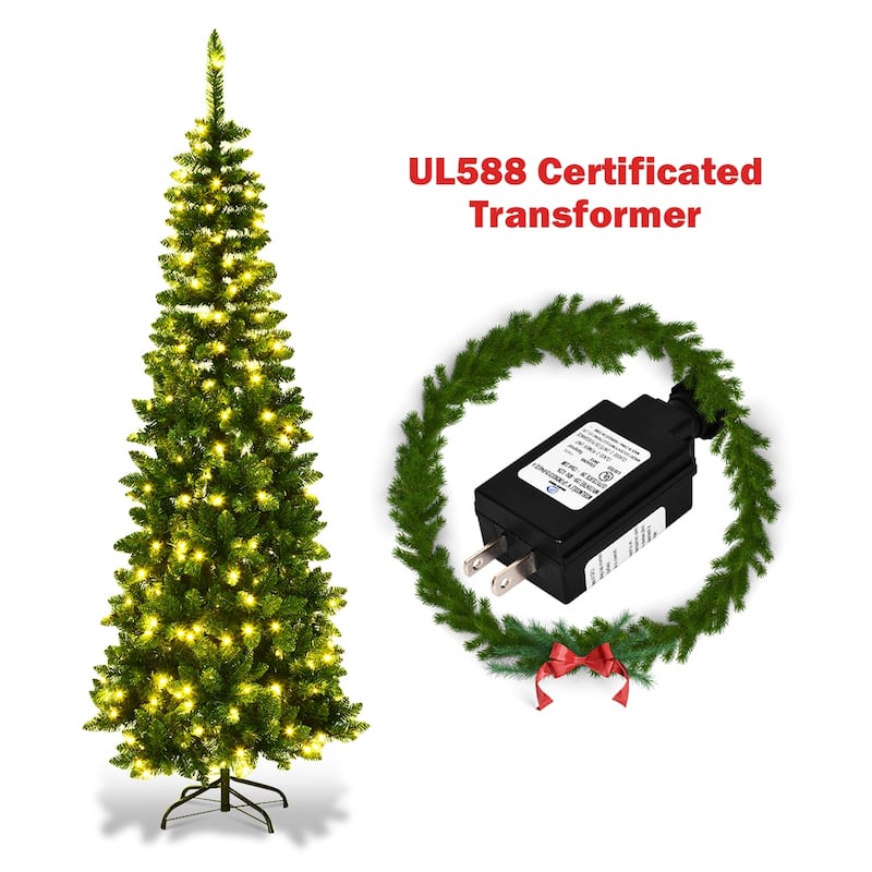 Pre-Lit PVC Artificial Pencil Christmas Tree Warm White Lights & Stand