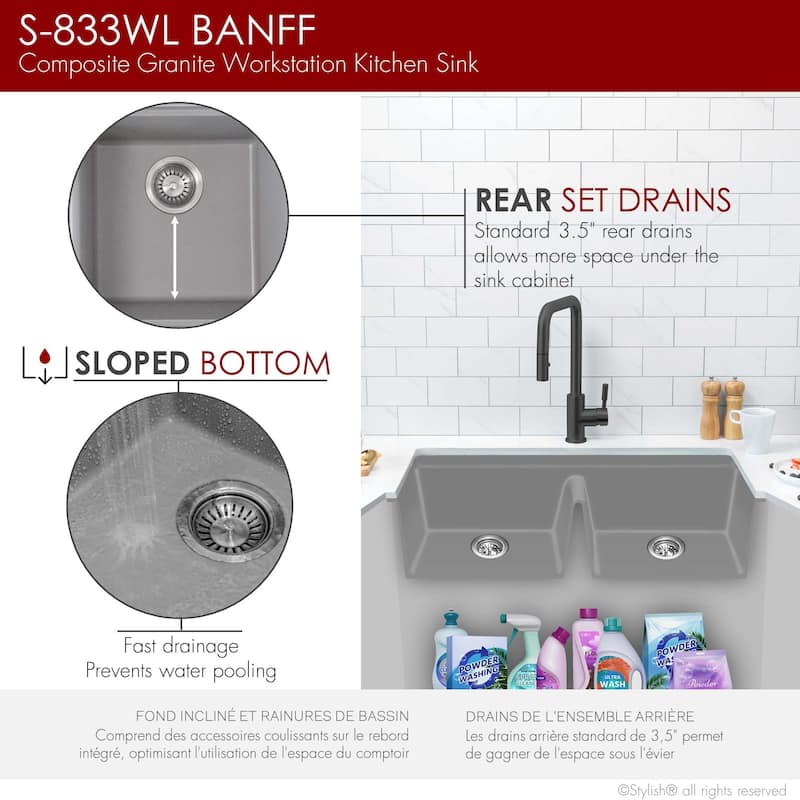STYLISH Dual Mount 33" Double-Bowl Composite Granite Kitchen Sink - 33" x 18" x 9.5"