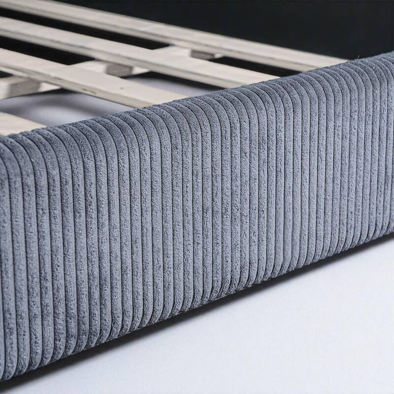 Full Size Upholstered House Daybed with Corduroy Fabric and LED Light Strip, Wood Frame, No Box Spring Needed
