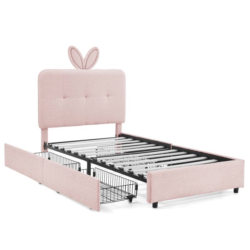 Kids Boucle Upholstered Bed with Rabbit Ear Headboard, LED Music Sync & 4 Drawers