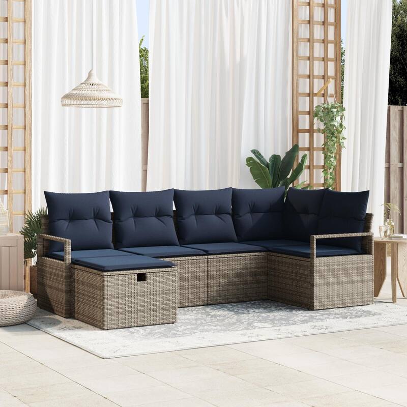 vidaXL 6/7 Garden Sofa Set with Cushions Black/Brown/Grey Poly Rattan - 91.3 x 48 x 27.2 - Grey without table