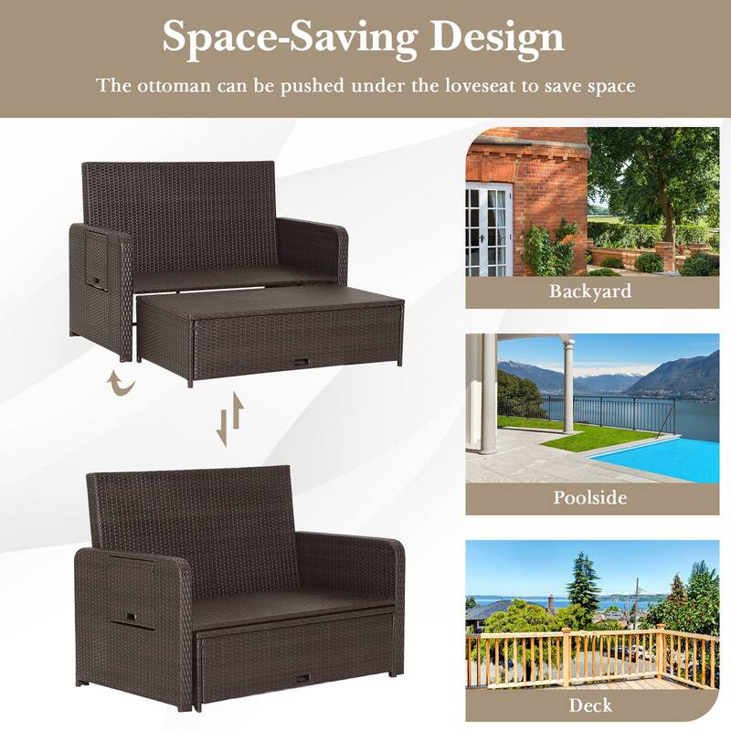 Patio Rattan Daybed with 4-Level Adjustable Backrest and Retractable Side Tray - 31" x 67" x 36"