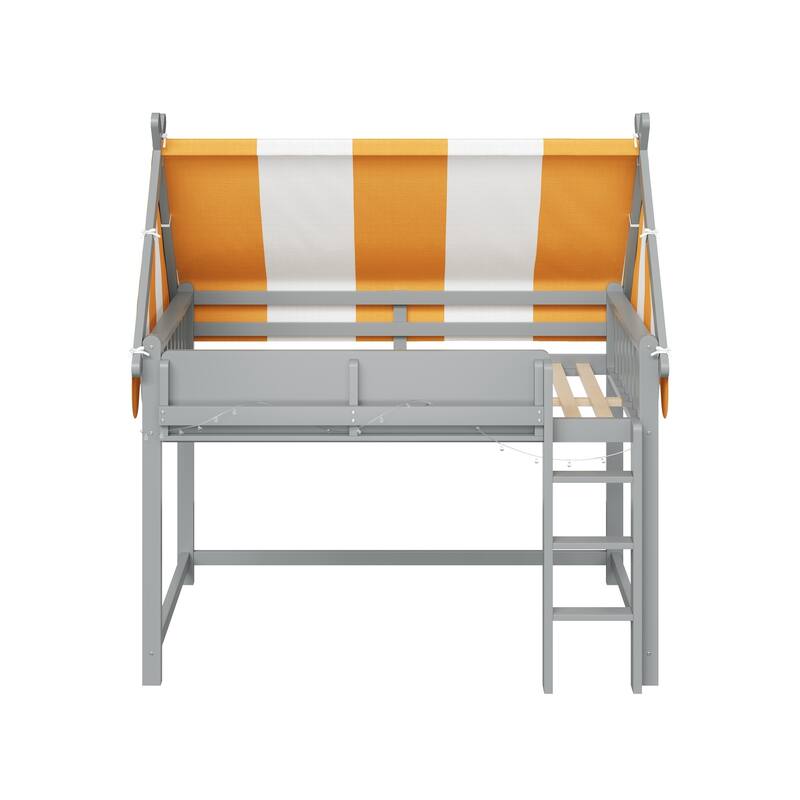 Loft Bed with Bright Yellow White Canopy, House-shaped Bed Frame Design with LED String Lights and Front Display Bookshelf