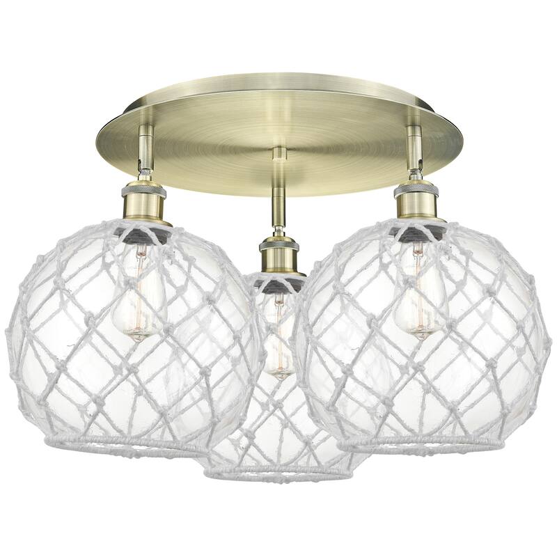 Innovations Lighting 516-3C-14-22 Farmhouse Rope Semi-Flush Farmhouse - Antique Brass / Clear Glass with White Rope