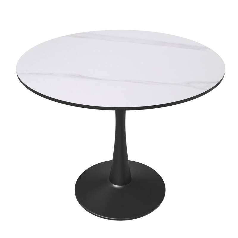 Bristol 32" Round Minimalist Dining Table for 4, Sintered Stone Top & Black Iron Pedestal Base for Kitchen & Dining Room - White