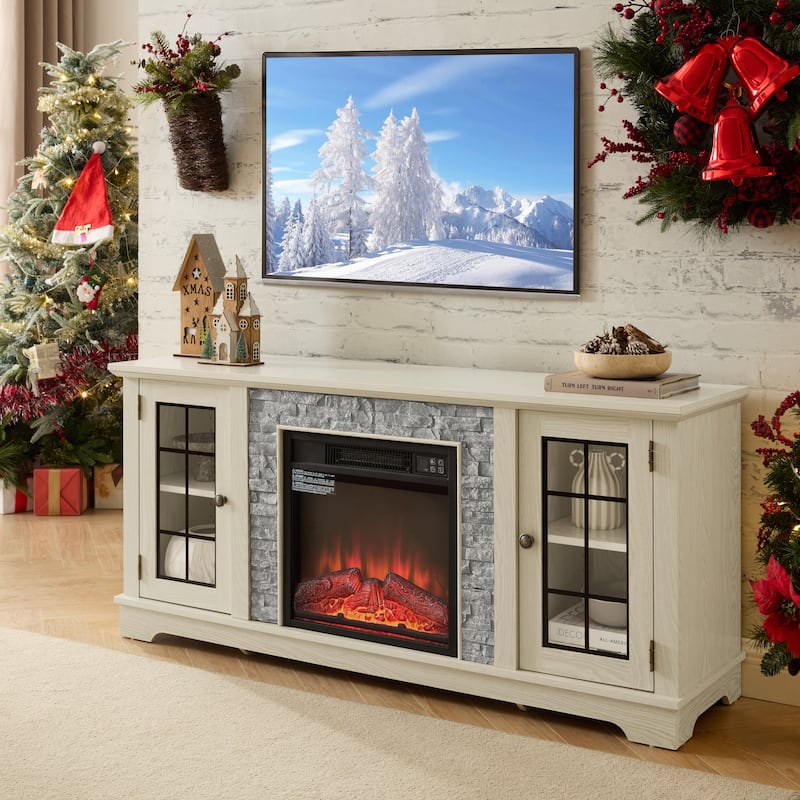 Modern TV Stand, Media Console Cabinet with 2 Glass Door and 18" Electric Fireplace, Faux Stone Entertainment Center