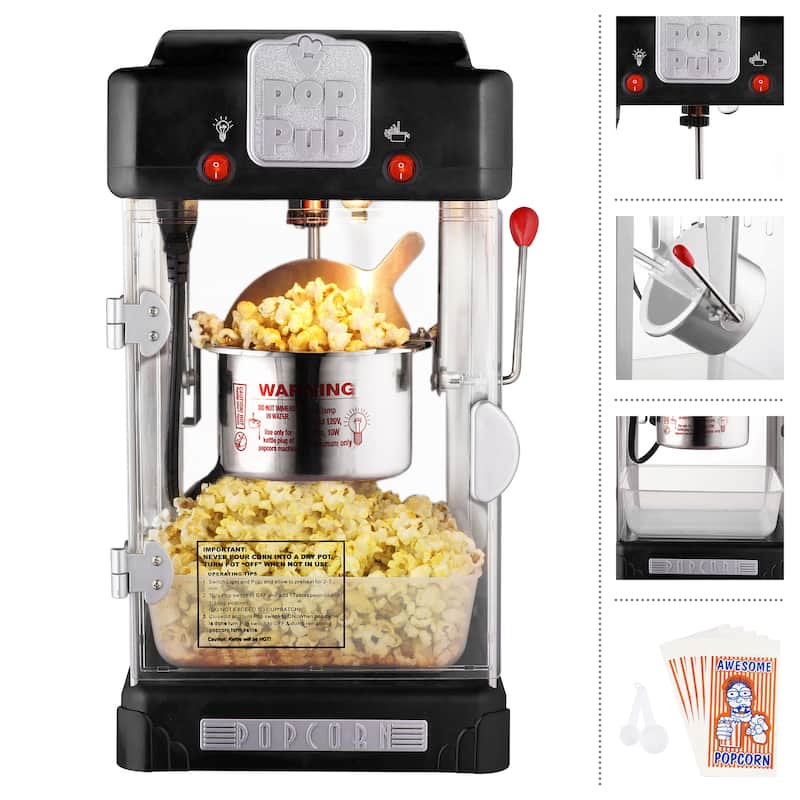 Pop Pup Countertop Popcorn Machine – 2.5oz Kettle with Measuring Spoon, Scoop, and 25 Serving Bags (Black)