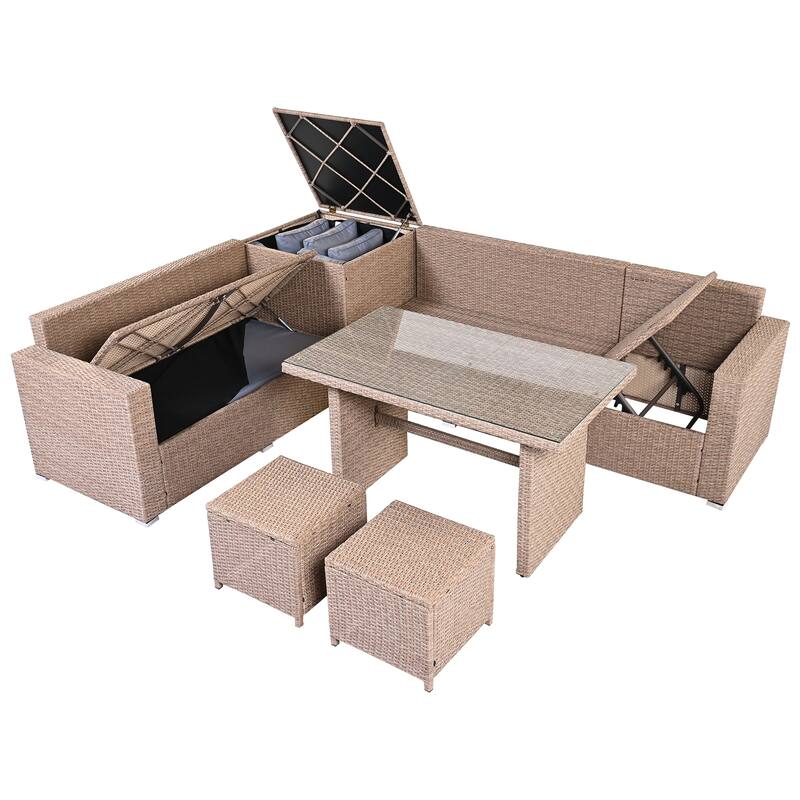 6-Piece Outdoor Rattan Modular Sectional Sofa Set with Adjustable Seat, Storage Box, and Dining Table