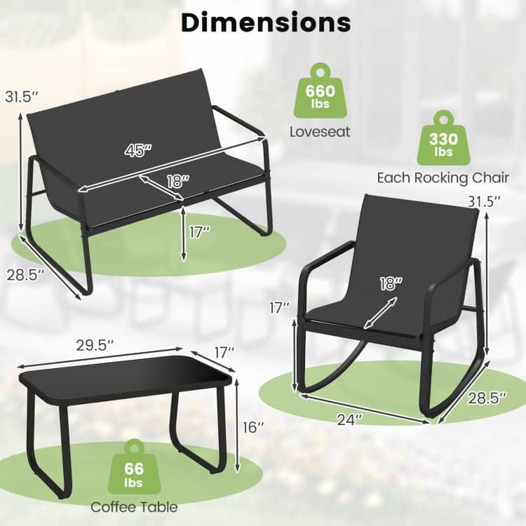 4 Piece Black Metal Fabric Rocking Bistro Set with Coffee Table Outdoor - Rocking Chair: 28.5” x 24” x 31.5” (L x W x H)