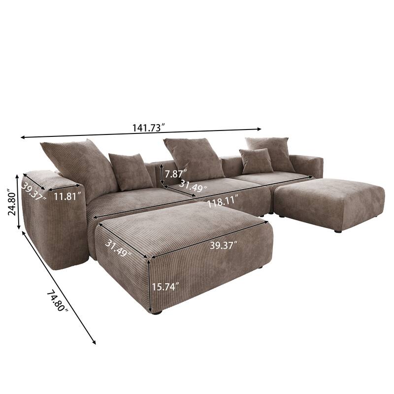 141''Modular Sectional Sofa, Corduroy 5 Seater Upholstered Sofa Couch with 5 Pillows, Convertible Couch Deep Seat Couches
