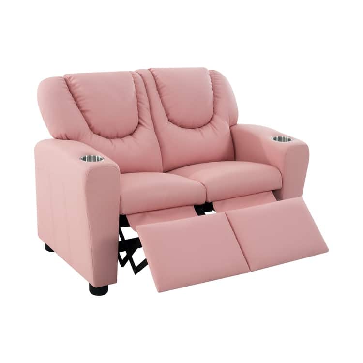 Kids Push Back Loveseat Recliner with Cup Holders, Adjustable Footrest & Headrest, Two Seat Recliner Sofa for Boys and Girls